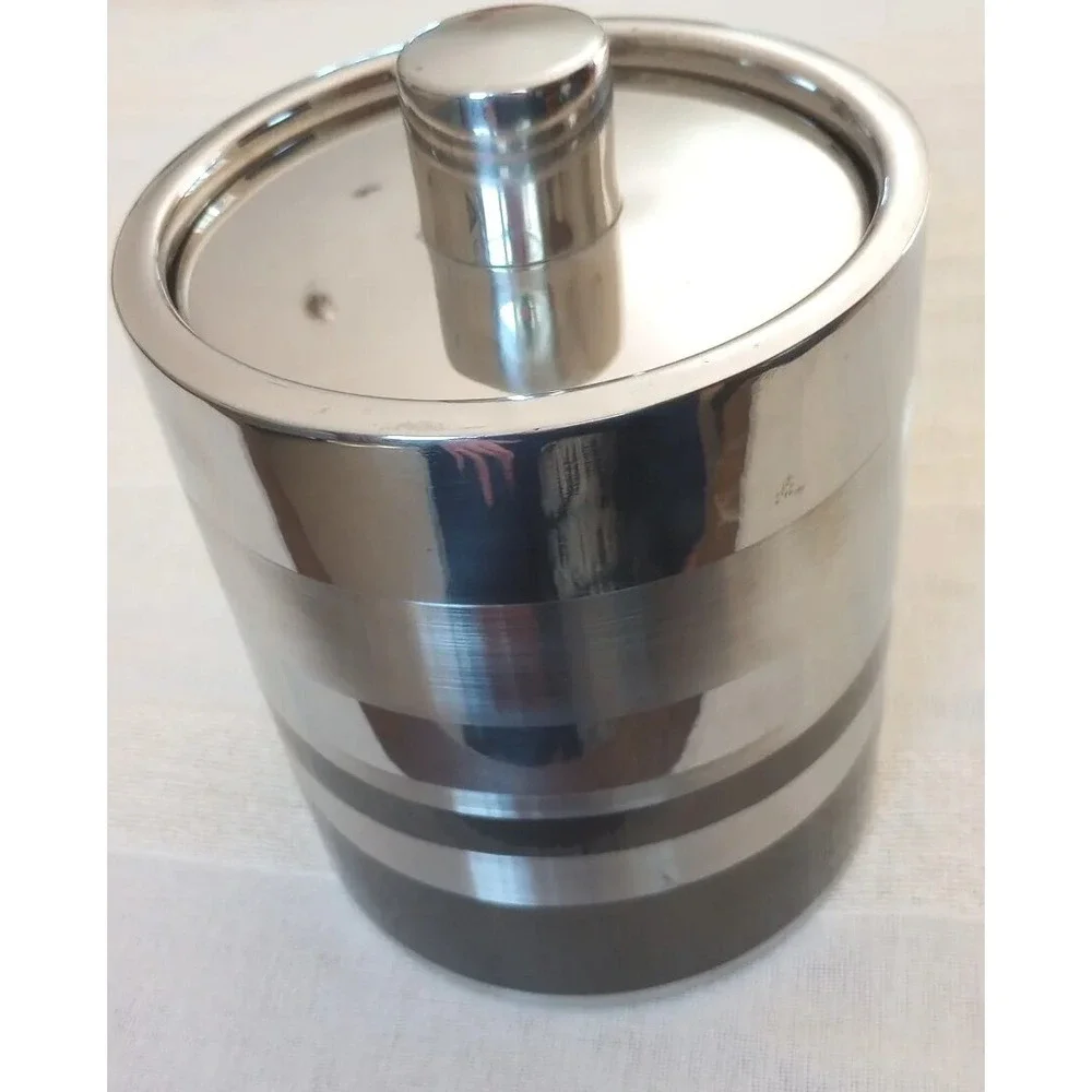 Crate&Barrel 3 Tone Stripe Ice Bucket 405-523 Made In India Silver/Graphite